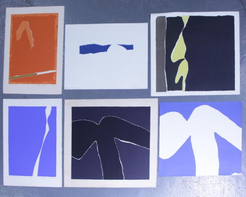 Adja Yunkers. Lot of 6 Abstract Lithographs. (P32): All pencil signed and numbered. Editions from AP to 70. From the collection of Adja Yunkers. Dimensions: Image sizes from 10" x 19" to 25" x 30". Condition: Various, loose, unframed. As found in a sto