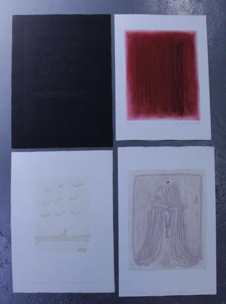 Adja Yunkers. Lot of 4 Abstract Intaglio Prints.: (P47). All pencil signed and numbered. Edition sizes from 40 to 50. From the collection of Adja Yunkers. Dimensions: Image/plate sizes from 20" x 33" to 33" x 38". Condition: Various. As found in a st
