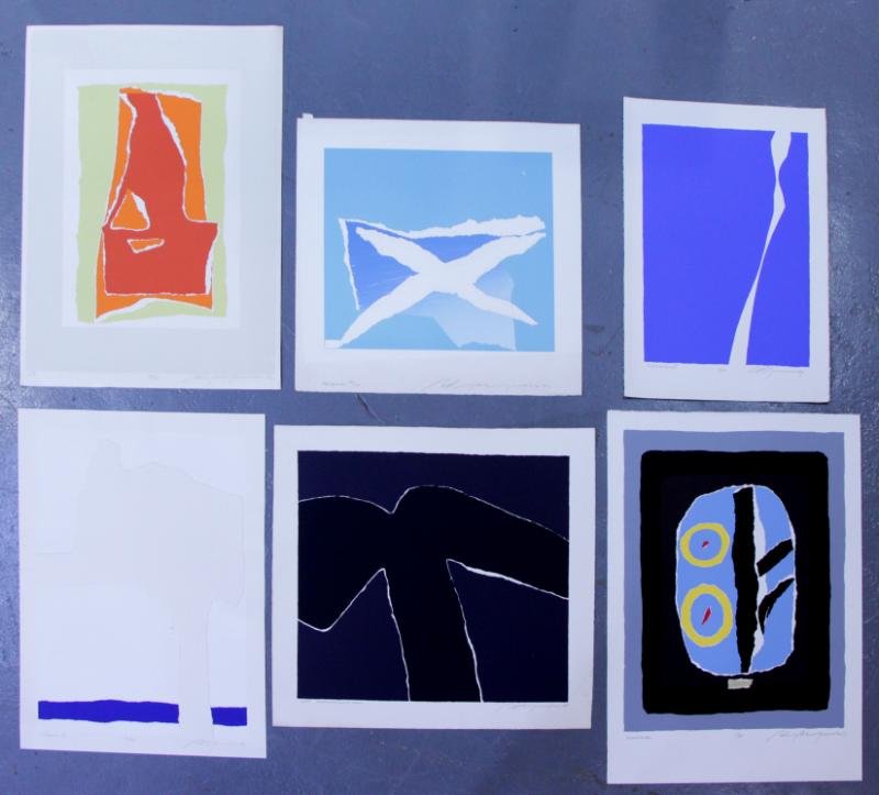 Adja Yunkers. Lot of 6 Abstract Lithographs. (P34): All pencil signed and numbered. Two with paper collage: blue with white x-form and beige on white with blue line. Editions sizes from 25 to 135. From the collection of Adja Yunkers. Dimensions: Image 