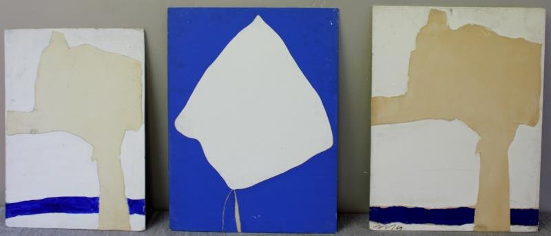 Adja Yunkers #109. 3 Acrylic Collage.: Including figure at seaside 1969, inscribed on back. "White and Blue I" 1969 inscribed on back and "White and White with Blue Stripe X" 1969. Signed lower left and inscribed on back. From the collecti