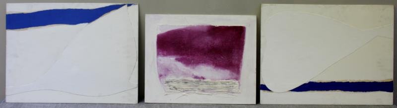 Adja Yunkers #110. 3 Acrylic Collages.: Includes "Agean XXIV" dated 1970 and inscribed verso, "Purple Landscape IV" dated 1981 and inscribed verso, and variation on Agean XXIV dated 1970 and inscribed verso. From the collection of Adja Yunk
