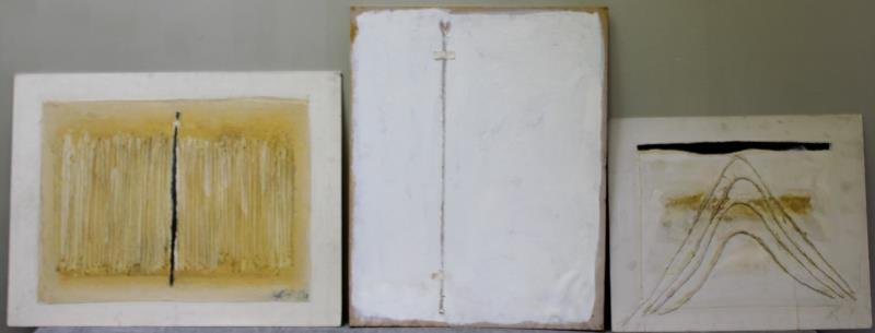 Adja Yunkers #118. 3 Acrylic Collages.: Includes "Between Two Parenthesis X" signed and dated 81 lower right and inscribed verso, "Conversation I" inscribed and dated 76 verso, and "Inside Out" dated 1981 and inscribed verso. From the colle