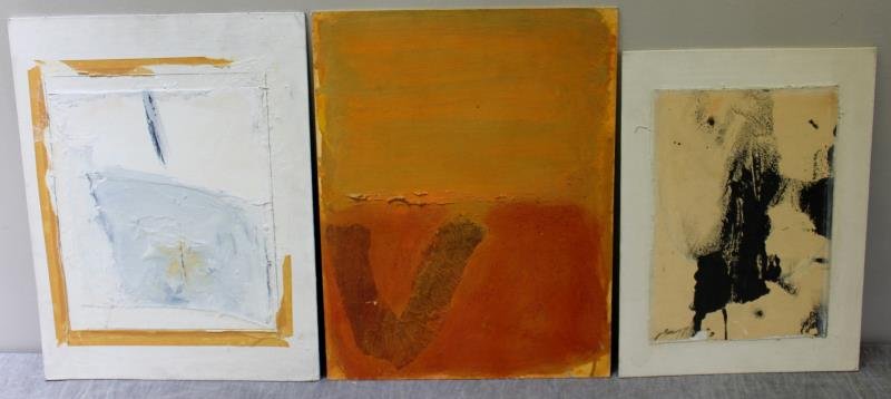 Adja Yunkers #115. 3 Acrylic Collages.: Includes untitled or retitled and inscribed verso but crossed out, one "New Mexico Desert" inscribed and dated '81 verso (identified as acrylic and pastel) together with "Hidden Woman or Gate to Happi