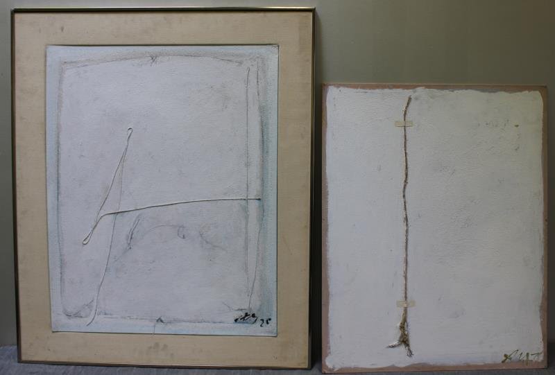 Adja Yunkers #117. 2 Acrylic Collages.: Includes "No Strings Attached" signed and dated 76 lower left and inscribed verso. Together with "Conversation II" signed and dated lower right. From the collection of Adja Yunkers. Dimensions: String