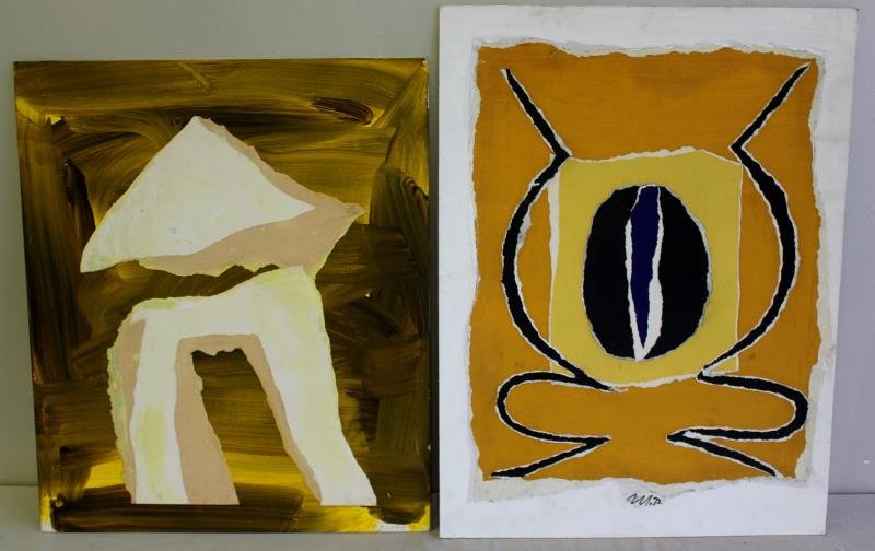 Adja Yunkers #140. 2 Acrylic Collages.: Includes "Letter A" signed lower right and dated 69, inscribed verso with "Collage #36 - Seated Woman Femme Assise" signed and dated 72 lower center and inscribed verso. From the collection of Adja Yu