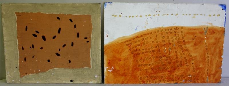 Adja Yunkers #139. 2 Acrylic Collages.: Includes "Hampton VI" inscribed and dated 1972 verso with unsigned double sided composition. From the collection of Adja Yunkers. Dimensions: 20" h x 24" w each. Condition: Possible losses, smudges, a