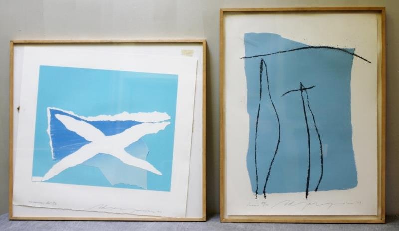 Adja Yunkers #148. Two Acrylic Collage Lithographs: Includes "The Hamptons" A.P. 8/8, signed and dated 77. Together with "Pueblo 69/70 signed and dated 77. Both framed. From the collection of Adja Yunkers. Dimensions: Hamptons - 30.75" h x 33.75" w o/a