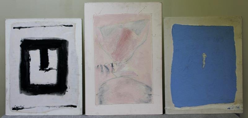 Adja Yunkers #131. 3 Acrylic Collage Works.: Includes "Pueblo IV" signed and dated 76 lower left and inscribed verso. Together with "Chalice" inscribed and dated 81 verso and "Poem" signed and dated 76 lower right and inscribed verso. From the c