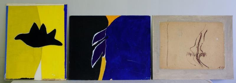 Adja Yunkers #130. 3 Assorted Works.: Includes collage titled "Sketch for Tapestry at Stony Brokes University" verso with an acrylic collage inscribed verso "Monks of Saigon" abd dated 1965 with probably Sanguine on paper laid on canvas b