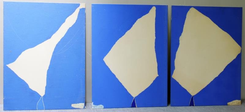 Adja Yunkers #127. 3 Acrylic Collages.: Includes "White on Blue #8" signed and dated 7*0 lower right and inscribed verso. Together with "White on Blue #6" signed and dated 69 lower left and inscribed verso. Also with "White on Blue #4" sign