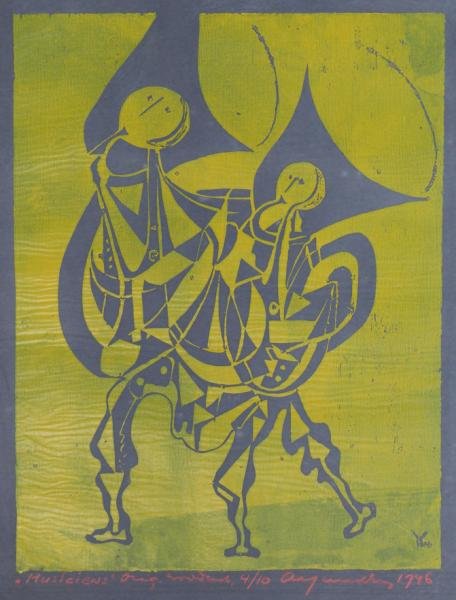Adja Yunkers. 1946 Color Woodcut "Musiciens": (W16). Signed, dated, inscribed and numbered 4/10 in red chalk below image. From the collection of Adja Yunkers. Dimensions: Image - 12.5" high x 9.75" wide. Condition: Loose, unframed, creasing in ma