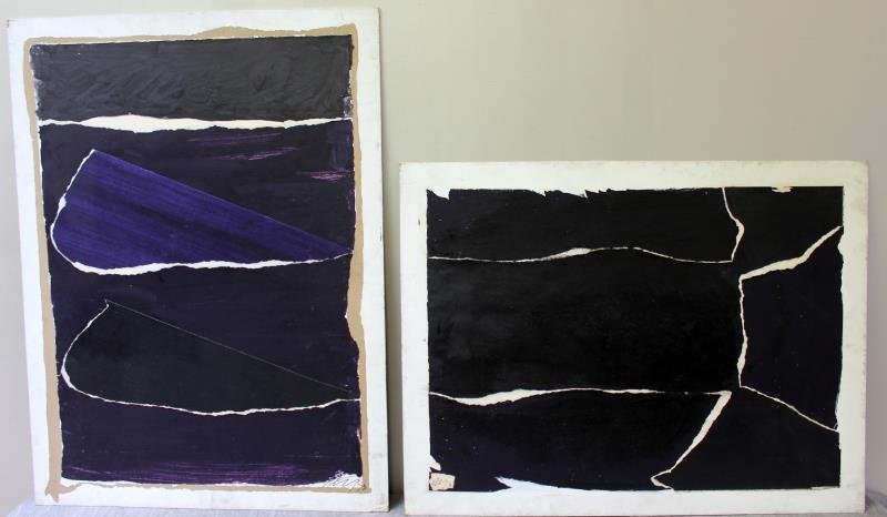 Adja Yunkers #122. 2 Acrlyic Collages.: Includes "Collage #70" signed and dated 73 lower right and inscribed verso. Together with "Collage #73" signed and dated 73 lower left and inscribed verso. Please note w show it horizontally based on 