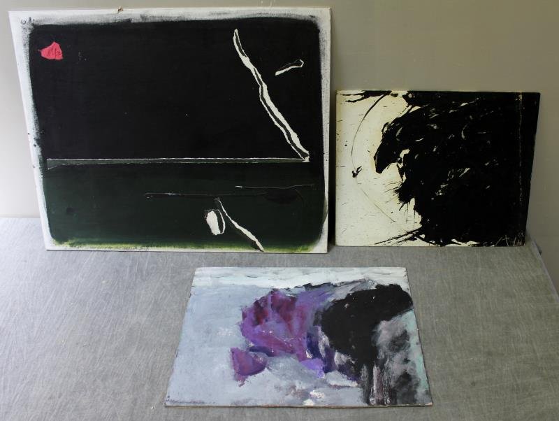 Adja Yunkers #95. 3 Original Oils on Artist Board.: The largest titled in pencil lower left and on the back, "3:30 a.m. In the Palace of Thalia Selb" Aug. 1972, also artist monogrammed top left. Together with "Sketch for Walking Along the Cliffs" gouac