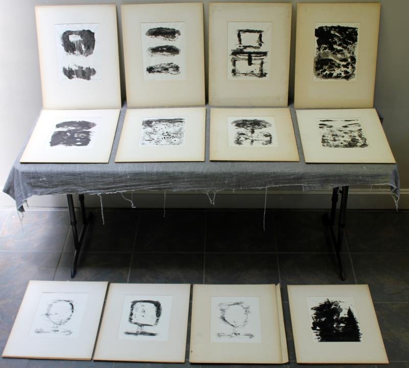 Adja Yunkers #92. 12 Original Ink Washes.: Most signed and dateed 1960. Works on paper with tape at corners in a mat board frame. From the collection of Adja Yunkers. Dimensions: 14.75" x 11.375" each.
