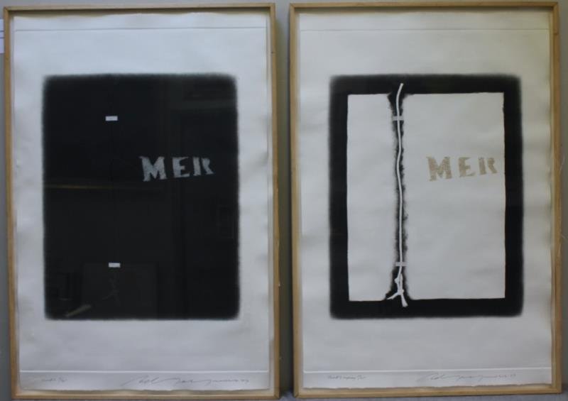Adja Yunkers #154. Two Works Including "One #2": Edition 3/25. Pencil signed and dated 77. Together with "One #2 in Gray" edition 5/25, pencil signed and dated 77. Both framed under plexi. From the collection of Adja Yunkers. Dimensions: 46.5" h x 3