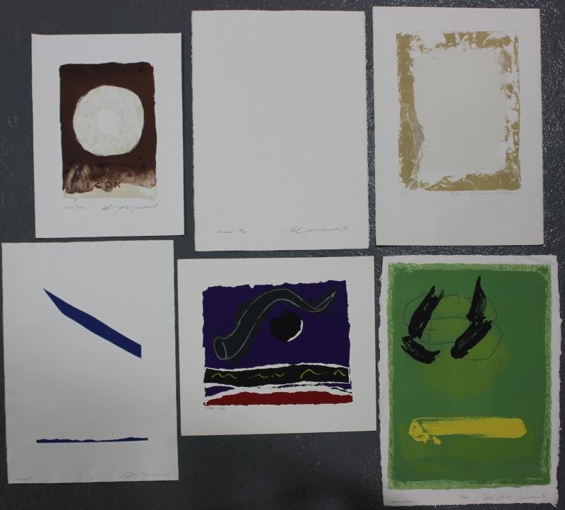 Adja Yunkers. Log of 6 Abstract Prints. (P96): Includes 2 intaglios. Purple without edition number. Editions 27 to 100. From the collection of Adja Yunkers. Dimensions: 28" x 22" to 15" x 19." Condition: Various, loose, unframed. As found in a sto