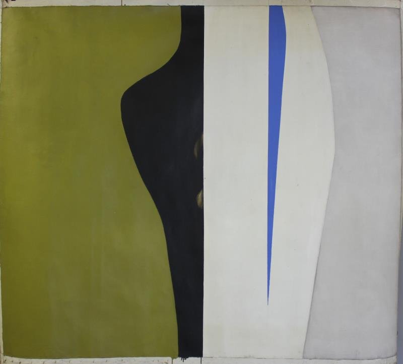 Adja Yunkers. Acrylic / Collage On Canvas .R9: " Composition in gray." Signed and dated verso 1968. From the collection of Adja Yunkers. Dimensions: 62.5" x 72.25" Condition: Overall good .Needs stretching and framing as was rolled in storage .