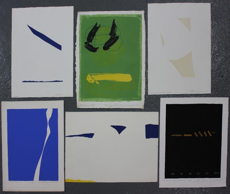 Adja Yunkers. Lot of 6 Abstract Lithographs. (P91): 1 with collage. Editions AP to 50. From the collection of Adja Yunkers. Dimensions: Range from 13" x 20" to 23" x 32." Condition: Various, loose, unframed. As found in a storage. Generally good condit