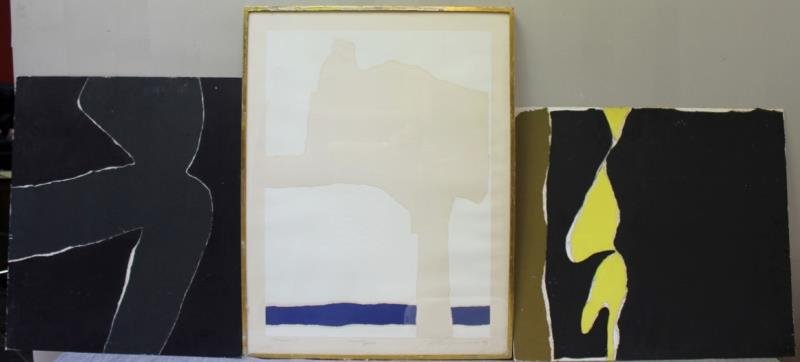 Adja Yunkers #157. Three Miscellaneous Works.: Includes A.P. silkscreen collage, pencil titled, "Aegean VIII" artist proof signed and dated 69, framed under plexi and inscribed verso with acrylic collage inscribed verso "Homage to the First Vietna