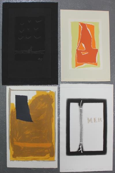 Adja Yunkers. Lot of 4 Abstract Prints (P74): All pencil signed and numbered. Includes "One #2 in Gray" intaglio collage and black version of "Sky Hides My Birds" intaglio. Editions AP to 35. From the collection of Adja Yunkers. Dimensions: Range