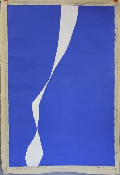 Adja Yunkers. Acrylic / Collage On Canvas. R3: " White On Blue " Titled and dated verso. From the collection of Adja Yunkers. Dimensions: 48" x 71" Condition: Overall good. Needs stretching and framing as was rolled in storage .