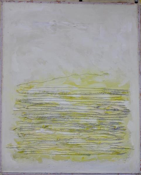 Adja Yunkers. Acrylic / Collage On Canvas . R 20: " Symphony for a Lonely Man on a Sunny Day." Signed and dated verso 1982. From the collection of Adja Yunkers. Dimensions: 50" x 40" Condition: Overall good .Needs stretching and framing as was rolled