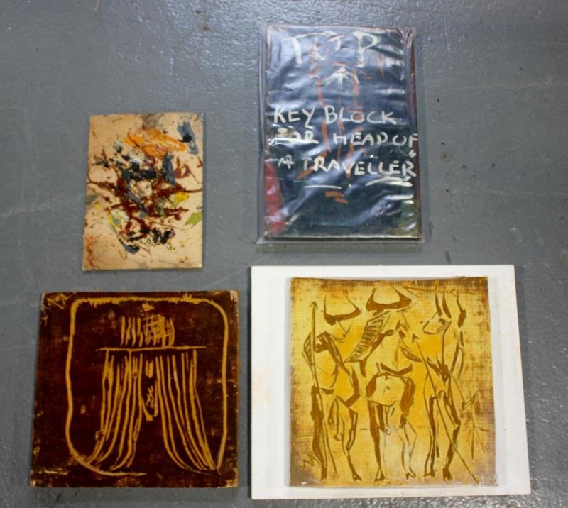 Adja Yunkers. Lot of Miscellaneous Works.: Includes 3 original "Key Blocks" or woodcut printing blocks. One signed "Key Block for Heads of Traveler." Also "White on Red" signed and dated 1970 verso and mounted on wood. From the collection of A