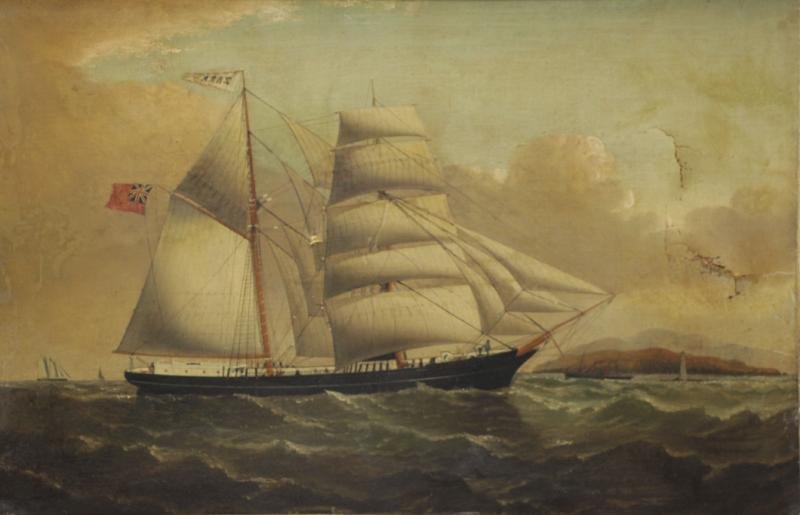 19th C. Oil on Canvas of an English Clipper Ship.: Unsigned. Old inventory label verso. From a Long Island, NY estate. Dimensions: 20" high x 30" wide. Condition: As is - yellowed, tear center and large tear at tight measuring approx. 8" long, surface