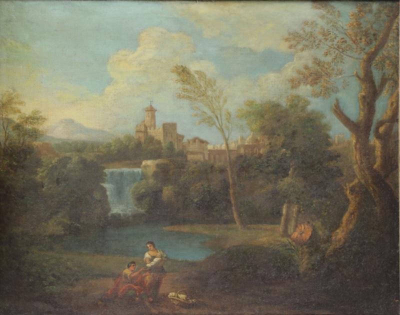 Old Master Oil on Canvas Italian Landscape with: Figures. Plaque on frame attributes painting to Francesco Zuccarelli. Not visibly signed. Francesco Zuccarelli (Italian, 1702 - 1788). From a Manhattan, NYC estate. Dimensions: 19" high x 25.25" wide.
