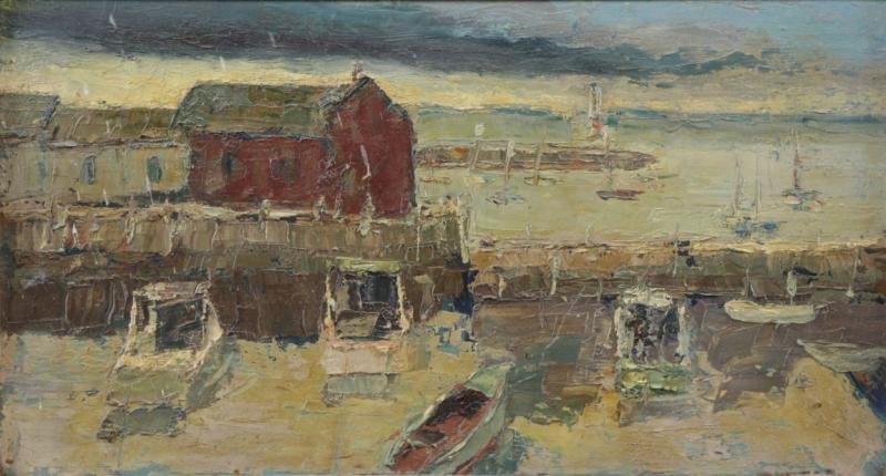 HERING, Harry. Oil on Board. "Storm Clouds Over: Cape Ann". Unsigned but artist's label verso. Harry Hering (American - New York, 1887 - 1967). From a Manhattan, NYC apartment. Dimensions: 13" high x 24" wide. Condition: Some surface soiling and gri