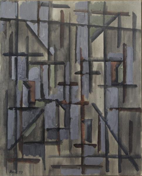 BUSSE, Jacque. Oil on Canvas "Impasse Dheron" 1959: 1959. Signed and dated lower left, titled on stretcher verso and old labels verso. Jacques Busse (French, 1922 - 2004). From a Port Washington, NY home. Dimensions: 39.25" high x 31.75" wide. Conditio