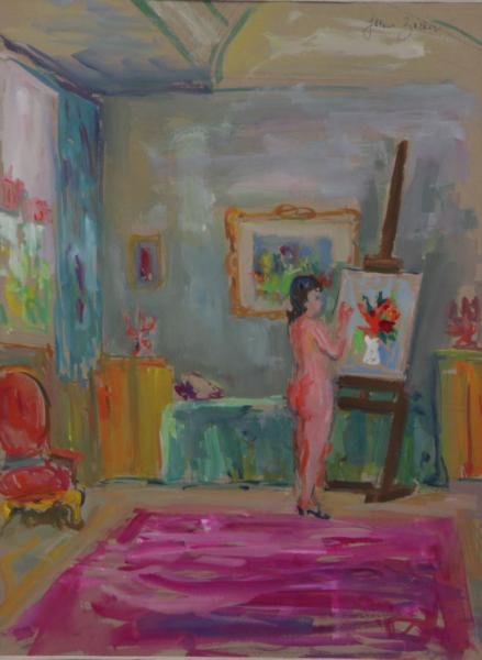 ZUCKER, Jacques. Gouache on Paper of a Nude in an: Interior. Signed upper right. Label verso with $300 price listed. Jacques Zucker (Polish/American, 1900 - 1981). From a Manhattan, NY location. Dimensions: 18.25" high x 14" wide. Condition: Good, not