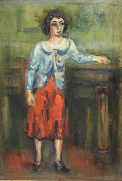 ZUCKER, Jacque. Oil on Canvas. Standing Woman.: Signed upper right. Jacques Zucker (Polish/American, 1900 - 1981). From a Manhattan, NY location. Dimensions: 21" high x 15" wide. Condition: Good, surface dust.