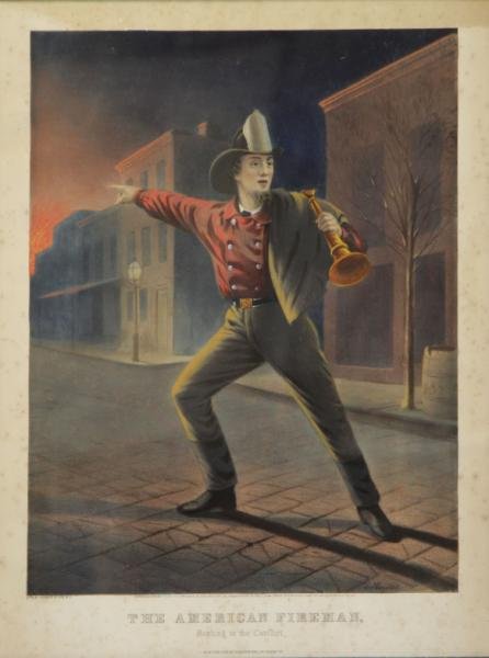 Currier & Ives. Hand Colored Lithograph "The: American Fireman, Rushing to the Conflict". After Louis Maurer, 1858. From a Mount Vernon, NY home. Condition: Foxing throughout.