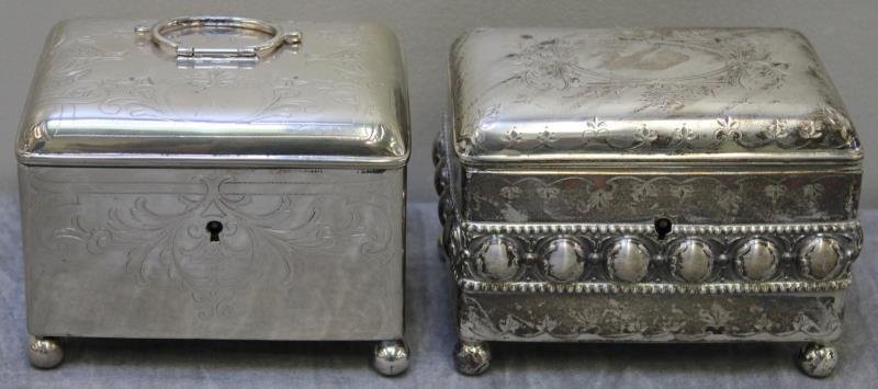 SILVER. Decorative Box Grouping.: Includes an early 20th century Czechoslovakian .750 silver footed box - stamped on the interior of lid, and box with silver fineness and maker's mark? of JZ? Accompanied by an antique silverplated rep
