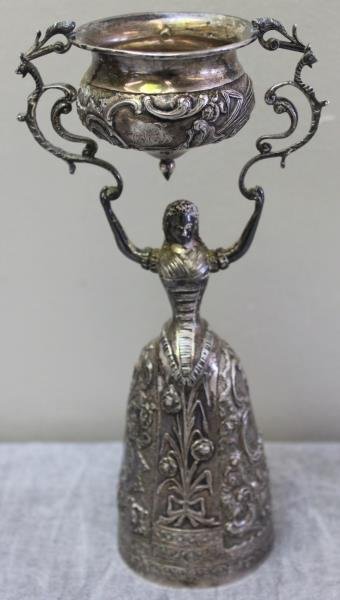 SILVER. Antique Dutch Wedding or Wager Cup.: Stamped with a lion passant indicating a silver purity of no less than .833. Total approx. weight is 8.55 troy oz. From a Bronxville, NY estate. Dimensions: 2.5" diameter of opening in bell skirt x 8"