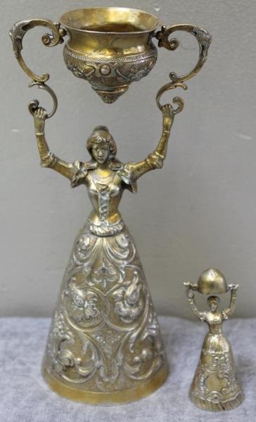 SILVER. Antique Wedding or Wager Cup Group.: Includes an .800 silver gilded German wedding cup with a miniature gilded wedding cup with 2 unidentified pictorial marks on bell skirt. From a Bronxville, NY estate. Dimensions: larger - 2.5" diamete