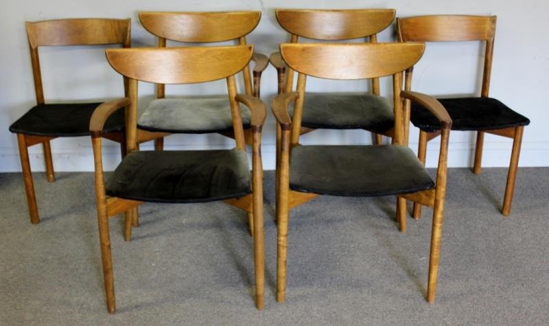 Midcentury Danish Set of 6 Chairs.: Attributed to Harry Ostergaard. 4 arm and 2 side. Molded plywood base. Seamless arms and curved backrest. Unmarked. From a Manhattan, NY estate. Dimensions: Armchairs - 23" w x 18" d x 33" h. Conditio