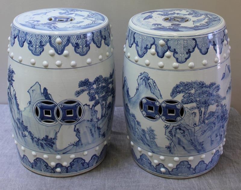 Pair of Chinese Blue and White Barrel Seats.: Probably circa 1960 or 1970. From a Pound Ridge, NY estate. Dimensions: 11.75" diameter of top x 19.5" h. Condition: Good.