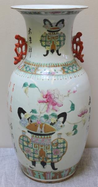 Antique/Vintage Chinese Porcelain Vase.: Enamel decorated and poem inscriptions. From a Harrison, NY estate. Dimensions: 8" w x 16.75" h. Condition: Good, with glaze hairlines in the bottom that do not go through.