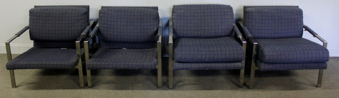 Midcentury Set of 4 Patrician Lounge Chairs.: Chrome and upholstered lounge chairs, labeled Patrician Furniture Co, High Point N.C. In the style of Milo Baughman and produced in very close geographic proximity to Milo Baughman's matching Thayer C
