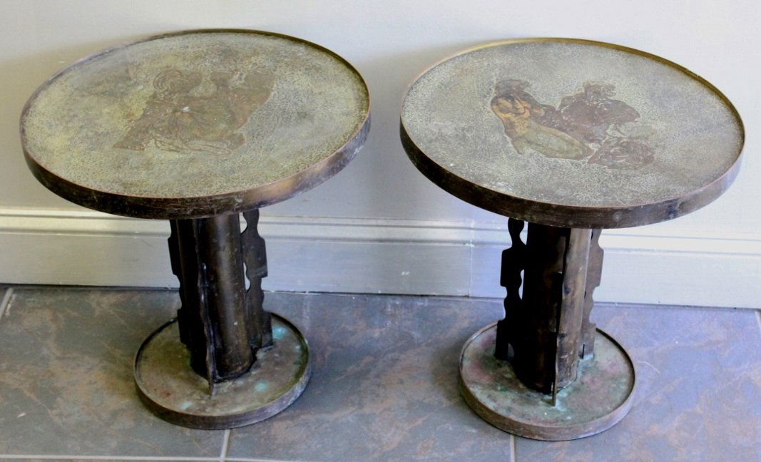 Midcentury Pair of Laverne Bronze Side Tables.: Signed Phillip and Kelvin Laverne to each top. Classical figural scenes to top of each. From a Manhattan, NY estate. Dimensions: 18" diameter x 18" h ea.