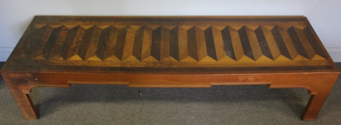 Antique / Vintage Parquetry Inlaid Bench / Table.: Probably Italian, possibly Midcentury. From a Larchmont, NY estate. Dimensions: 67" long x 19" wide x 16" high.