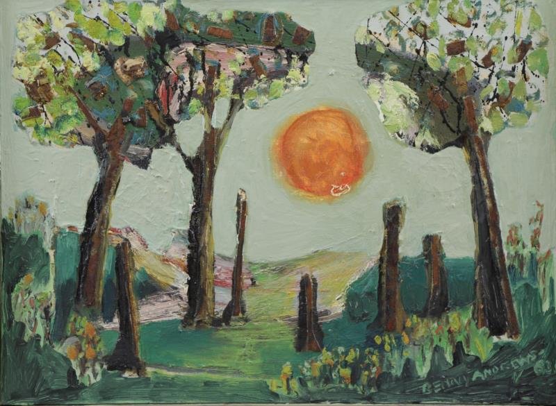 ANDREWS, Benny. "Path to the Moon" Oil with: Collage on Canvas,1963. Signed and dated lower right, further inscribed and titled verso. Benny Andrews (African American, 1930 - 2006). From a Chappaqua, NY home. Dimensions: 16" high x 22" wide. Con