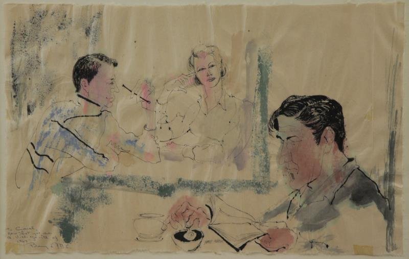 ANDREWS, Benny. Watercolor & Ink on Paper. Cafe: Scene. Signed lower center. Inscribed dedication lower right: 'To Carol / Now that you are Village-ite of / 1964 / Benny + M.E.' Benny Andrews (African American, 1930 - 2006). From a Chappaqua, NY hom