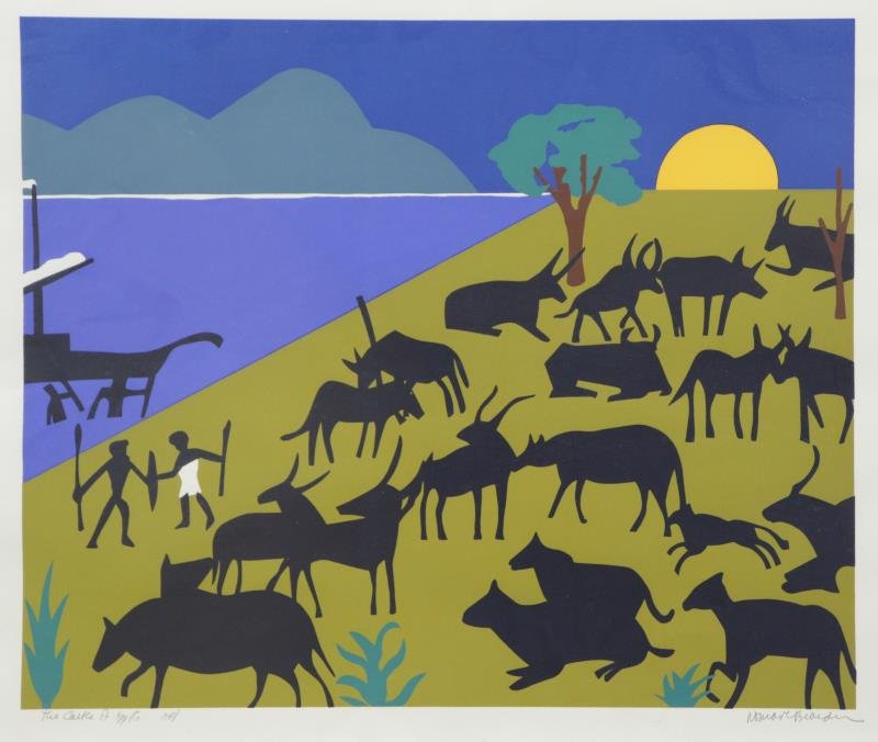 BEARDEN, Romare. Silkscreen "The Cattle of Apollo": Pencil signed lower right, titled and inscribed 'AP' lower left. Romare Bearden ( African American,1914 - 1988). From a Manhattan, NYC estate. Dimensions: Image - 18" high x 22" wide. Condition: Very 