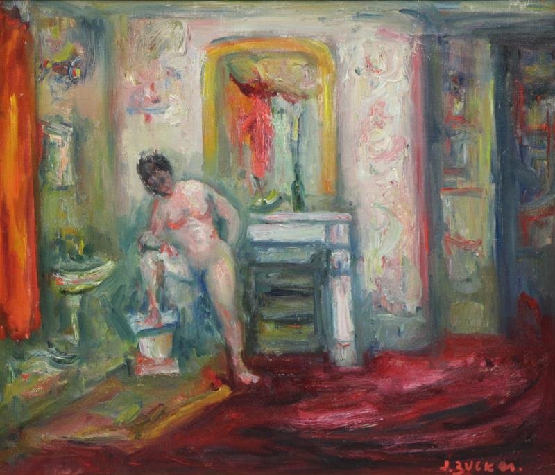 ZUCKER, Jacques. Oil on Canvas. Nude Model in: Interior. Signed lower right. Jacques Zucker (Polish/American, 1900 - 1981). From a Manhattan, NYC location. Dimensions: 21.25" high x 25.5" wide. Condition: Good, light abrasions upper right.