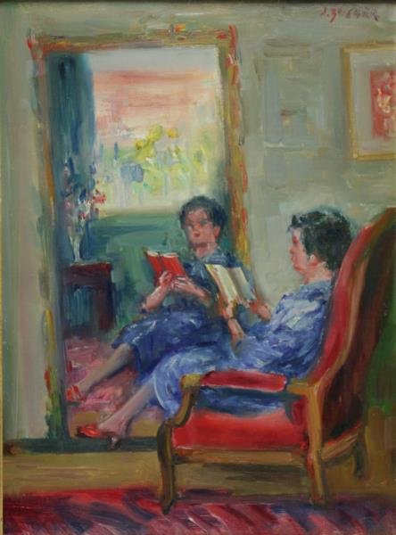 ZUCKER, Jacques. Oil on Canvas. Woman Reading.: Signed upper right. Jacques Zucker (Polish/American, 1900 - 1981). From a Manhattan, NYC location. Dimensions: 15.5" high x 11.75" wide. Condition: Good.