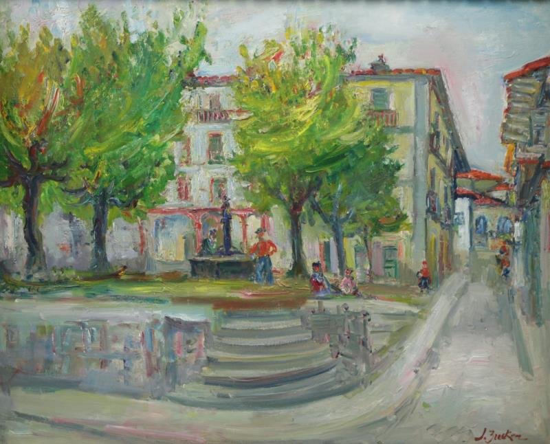 ZUCKER, Jacques. Oil on Canvas. European Street: Scene. Signed lower right. Jacques Zucker (Polish/American, 1900 - 1981). From a Manhattan, NYC location. Dimensions: 23.5" high x 29" wide. Condition: Good, some minor buckling lower right.