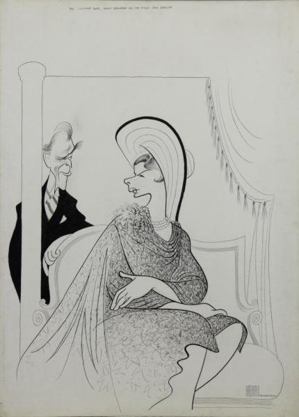HIRSCHFELD, Al. "The Constant Wife, Ingrid Bergman: and Her Spouse Jack Gwillim" Ink on Arches Watercolor Board. Signed 'HIRSCHFELD WASHINGTON, D.C.' lower right. Titled upper center. Accompanied by Nardin Fine Arts, New York brochure that includes an